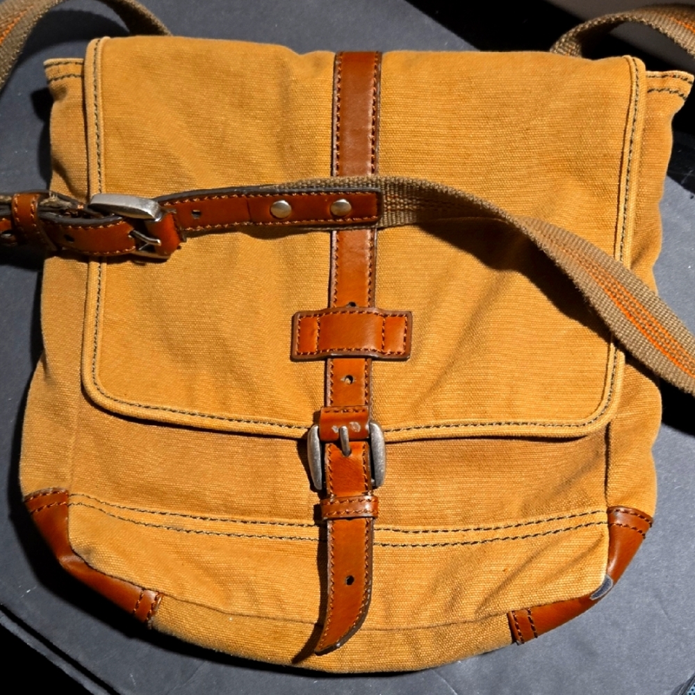 Fossil Canvas Messenger Bag- Tan Leather-Trimmed